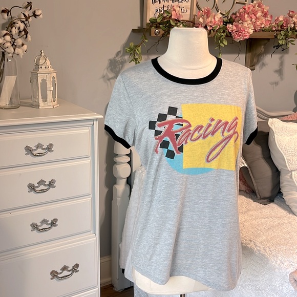 Comfy Car Racing Tee Short Sleeve Shirt Gray Top Womens L - Picture 4 of 6